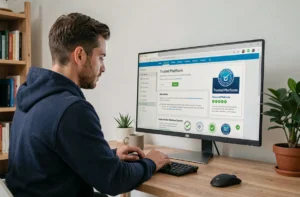 Homme téléchargeant un logiciel en toute sécurité sur une plateforme fiable depuis son bureau à domicile