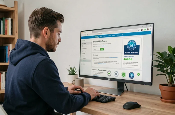 Homme téléchargeant un logiciel en toute sécurité sur une plateforme fiable depuis son bureau à domicile