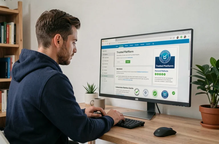 Homme téléchargeant un logiciel en toute sécurité sur une plateforme fiable depuis son bureau à domicile