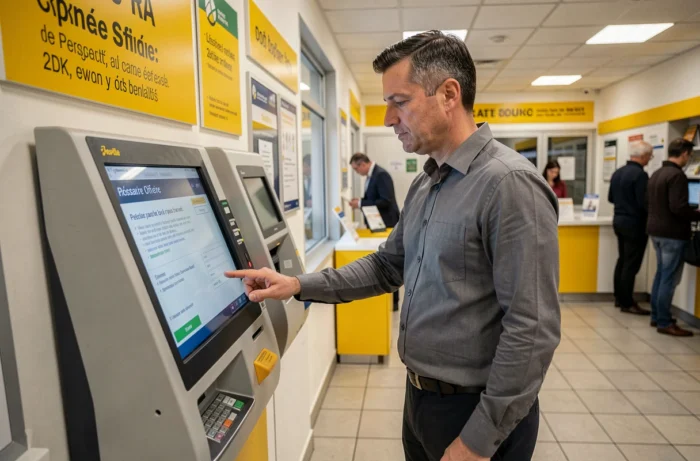 Homme utilisant un terminal en libre-service à La Banque Postale en lisant attentivement les instructions pour éviter toute erreur de transaction
