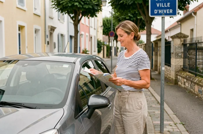 Touriste consultant une carte à côté de sa voiture garée dans une rue résidentielle d'Arcachon