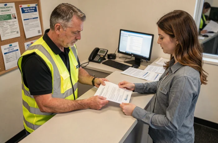 Travailleur en gilet de sécurité signant un contrat d'intérim dans une agence d'emploi, accompagné d'une conseillère