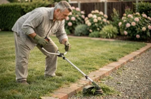 Homme utilisant un taille-bordure sans fil pour délimiter les bords d'une pelouse dans un jardin soigné