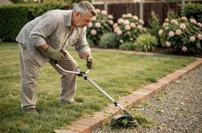 Homme utilisant un taille-bordure sans fil pour délimiter les bords d'une pelouse dans un jardin soigné