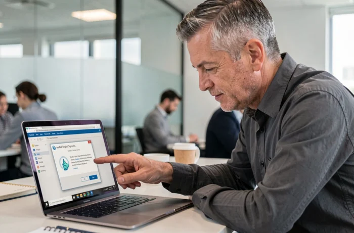 Professionnel vérifiant le certificat de sécurité lors de l'installation d'un logiciel téléchargé sur une plateforme certifiée
