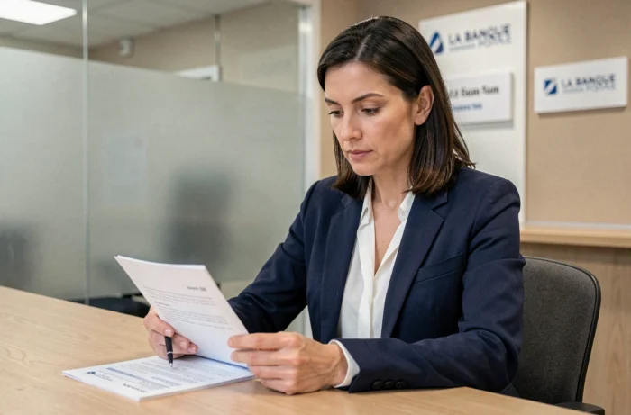 Femme vérifiant attentivement un document bancaire dans une agence La Banque Postale pour éviter les erreurs lors d'une opération