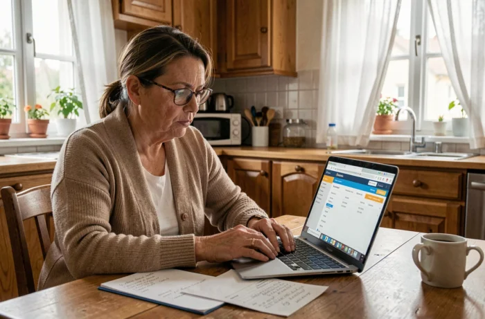 Femme à domicile vérifiant ses opérations bancaires en ligne sur La Banque Postale avec une liste de contrôle pour éviter les erreurs courantes