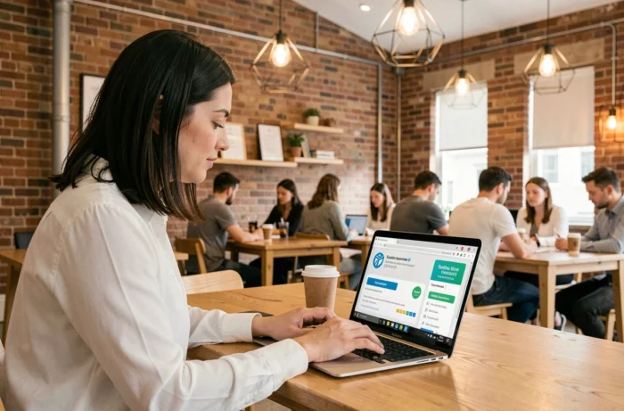 Femme vérifiant la fiabilité d'une plateforme de téléchargement de logiciels dans un espace de coworking
