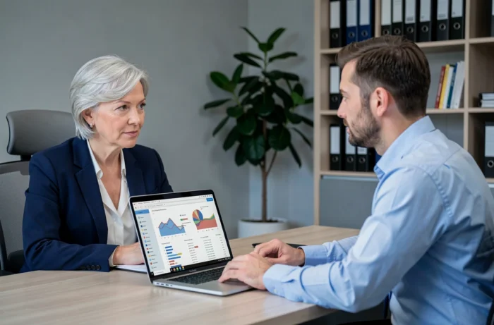 Une femme veuve en réunion avec un conseiller fiscal dans un bureau moderne pour comprendre le calcul de ses parts d'imposition