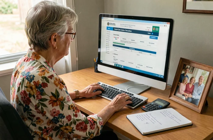 Femme veuve effectuant sa déclaration d'impôt en ligne depuis son bureau à domicile, avec une calculatrice et des notes manuscrites sur le nombre de parts fiscales