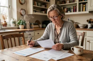 Femme veuve d'une cinquantaine d'années qui examine ses documents fiscaux à une table en bois dans sa cuisine, illustrant la gestion de l'impôt après un veuvage