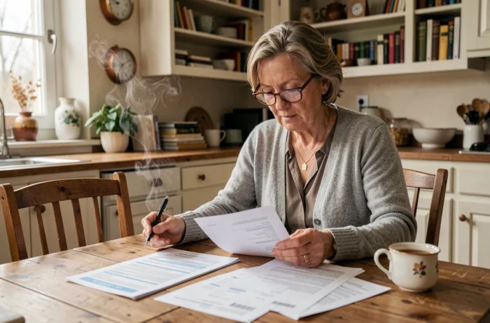 Femme veuve d'une cinquantaine d'années qui examine ses documents fiscaux à une table en bois dans sa cuisine, illustrant la gestion de l'impôt après un veuvage