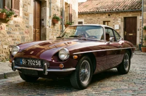 Voiture de collection des années 1960 restaurée garée sur un chemin pavé dans un village français, avec carrosserie bordeaux et jantes à rayons chromés