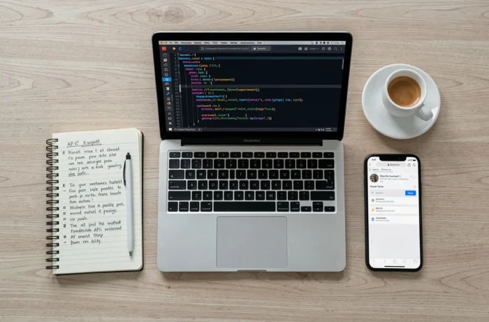 Vue aérienne d'un bureau de développeur web avec ordinateur portable affichant un éditeur de script et notes manuscrites